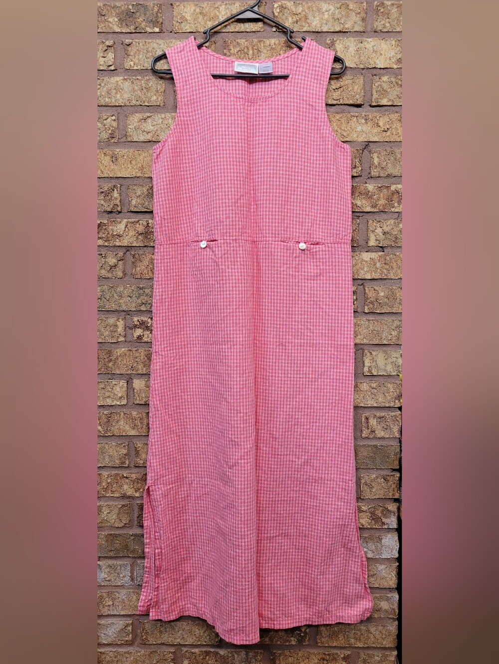 Susan Bristol Pink Gingham Maxi Dress Size Small Linen Cotton Casual Lightweight